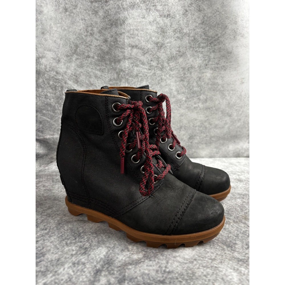 Sorel Women's Joan of Arctic Wedge II PDX Boots Black Canvas with Red Laces 7.5